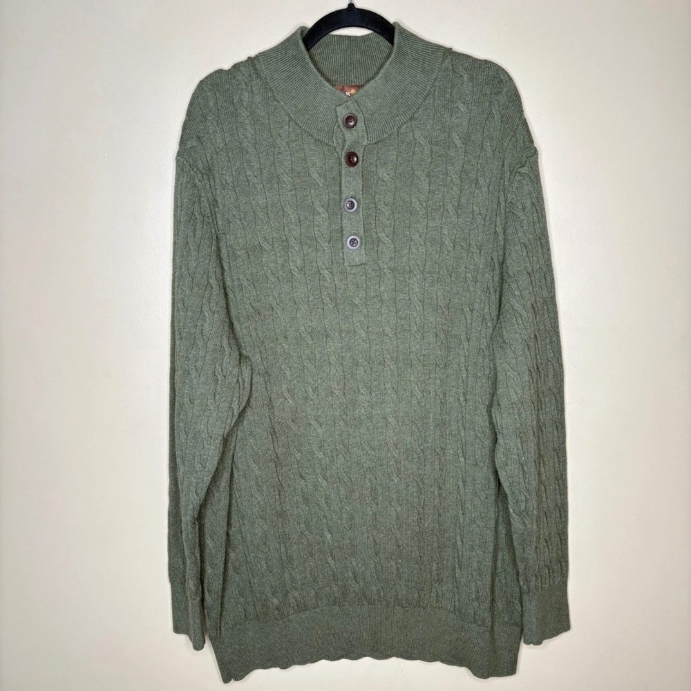 Oak Hill Mens 2XL Green Cable Knit Cotton Henley Sweater Pullover Preppy